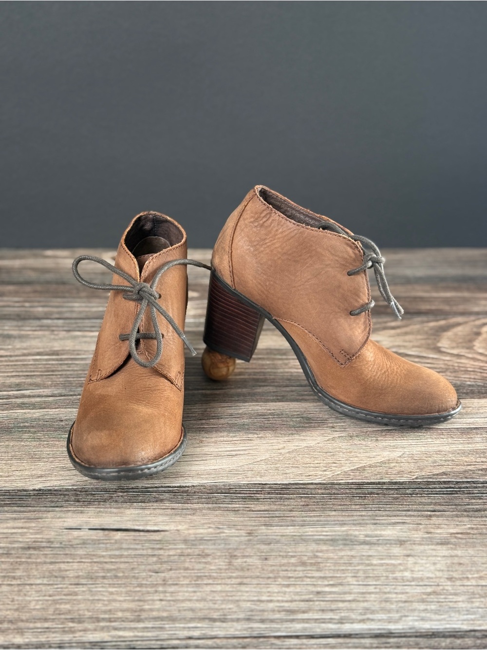 Born Tan Leather Lace-Up Block Heel Ankle Boots